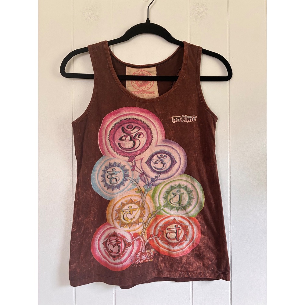 Enlightenment Brown Acid Wash Chakra Om Graphic Racerback Tank Top Womens
